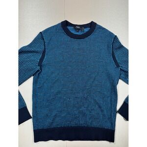 Theory Mens Maden Crew CB Novo Merino Wool Sweater Blue Navy Check M